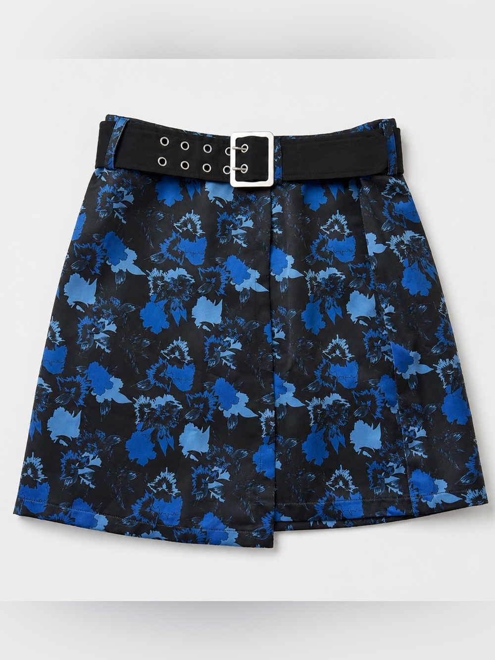 Bebe Belted Blue Black Floral Mini Skirt Size 2 High Waist Party Clubwear